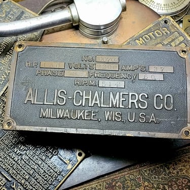 Antique Early ALLIS-CHALMBERS Co Dynamo Antique Brass Plaque