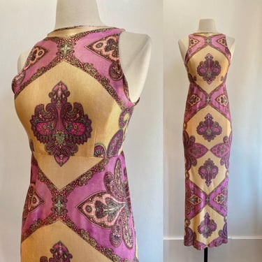 Vintage 70s Maxi Dress / SLINKY JERSEY / Psychedelic PAISELY Pattern / Empire Waist + Zip Up Back / Body Con 