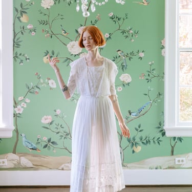 1910s XS embroidered ivory net tea or wedding dress 