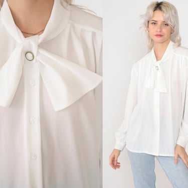 White Ascot Blouse 90s Button Up Necktie Shirt | Shop Exile