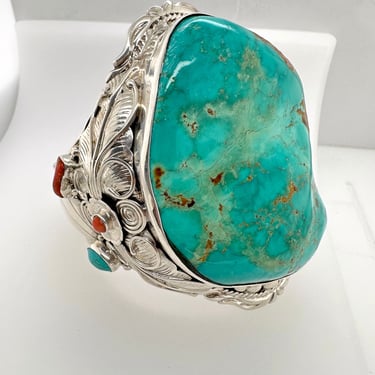 Vintage Navajo Huge Turquoise Slab Stone Cuff Bracelet Coral Sterling Silver 