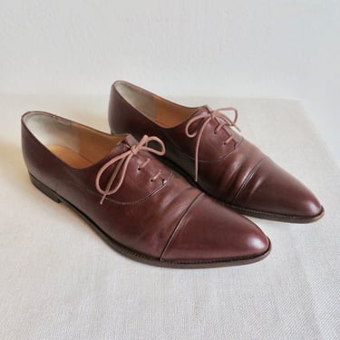 1990's Robert Clergerie Women's Size 39.5, 9US Cognac Chestnut Brown Leather Lace Up Oxford Shoes Pointed Toes Cap Toe French Designer 