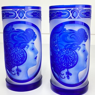 Vintage Cobalt Bohemian Frosted Cut to Clear Etched Glasses Tumbler Set of 2 Victorian Lady Profile 