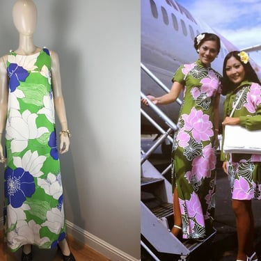 Big Island Dreams - Vintage 1960s 1970s Malia Blue & Green Hawaiian Floral Maxi Dress - 8/10 