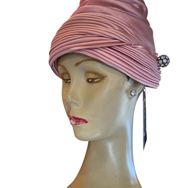 Vintage 1950s pink satin hat pleated 50s turban rhinestone betmar maisel bridal 