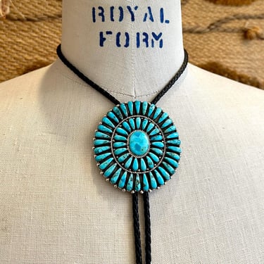 JULIANA WILLIAMS Turquoise Cluster Bolo Tie w/ Leather Cord | Sterling Silver Bolo | Native American Navajo Made Jewelry, Southwestern 