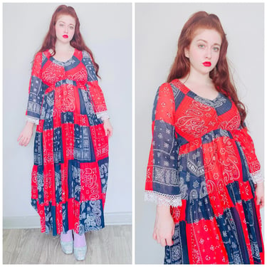 1970s Vintage Red White and Blue Bandana Print Maxi Dress / 70s Semi Sheer Cotton Smocked Bell Sleeve Americana Gown / Small - Large 