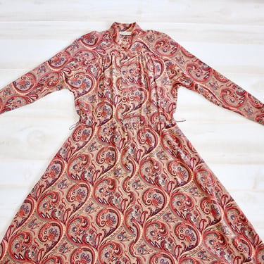Vintage 80s Silk Paisley Dress, 1980s High Neck Button Dress, Midi, Boho, Southwestern, Brown 