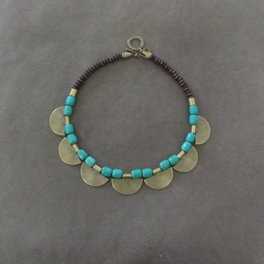 Ethnic green magnesite and bronze statement necklace, 
