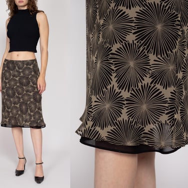 Medium 90s Chrysanthemum Print Silk Midi Skirt 30" | Vintage Two Tone Floral Mid Rise A Line Lettuce Hem Skirt 