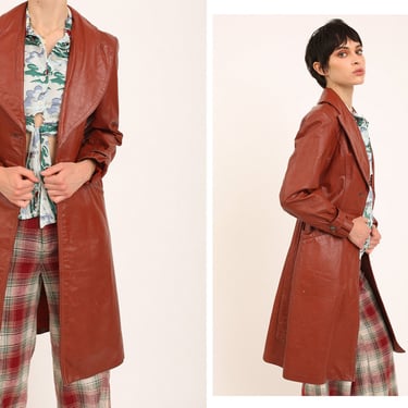 Vintage 1970s 70s Mahogany Brown Caramel Longline Leather Trench Coat Jacket 