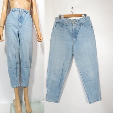 Vintage 90s High Waist Light Wash Denim Tapered Leg Zip Up Ankle Mom Jeans Size 32x25 