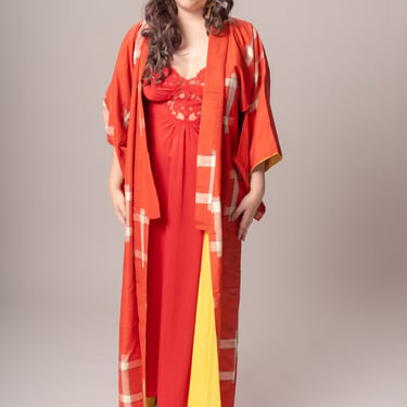 Red Plaid Meissen Silk Kimono