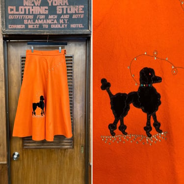Vintage 1950’s Velvet Appliqué Rockabilly Poodle Design Orange Circle Skirt, 1950s, Poodle Skirt, Rockabilly, Appliqué Poodle, Rhinestone 