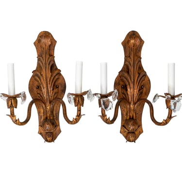 Pair Gilt Metal and Crystal Sconces