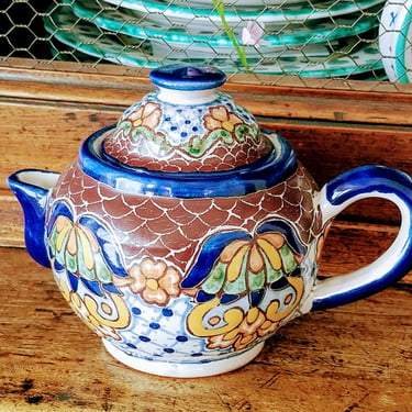 Vintage Hand Painted Teapot~Unique Individual Size Tea Server~Artisan Ceramic Teapot Signed A.N.A. 2000~Colorful Florals~JewelsandMetsls 