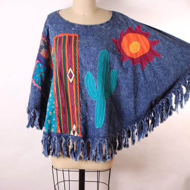 1980s Denim Fringe Novelty Cactus and Sun Southwestern Abstract Western Poncho 