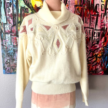 So Soft Angora Sweater, Faux Pearls, Faux Suede, Pull Over, Cowl Neck, Fuzzy Knit, Vintage 80s 