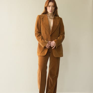 1970s Oui International British Tan Velvet Suit 