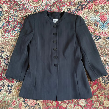 Vintage ‘80s ‘90s Armani Collezioni black pinstripe blazer | Giorgio Armani designer,  and collar, 3/4 sleeves, ladies 4 