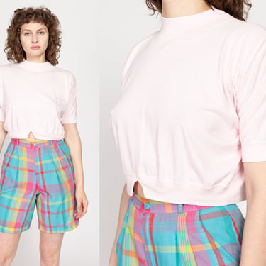 Medium 80s Pastel Pink Mockneck Crop Top | Vintage Plain Notched Waist Short Sleeve Cropped Shirt 