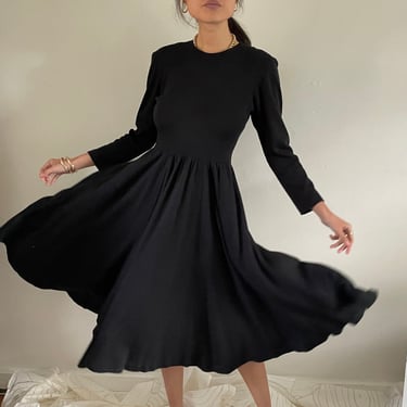 90s sweater dress / vintage black washable stretch knit long sleeve layering crewneck circle skirt capsule wardrobe midi wool blend dress M 
