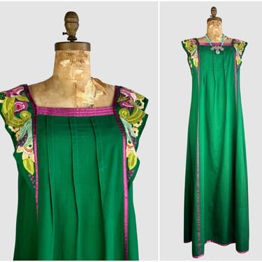 GIRASOL Vintage 70s Maxi Dress | 1970s Mexican Floral Embroidered Cotton with Ruffles | Bohemian Boho, Southwest, Folk, Hippie | Size Medium 