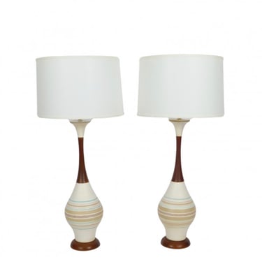 Pair of Ceramic and Walnut Lamps
