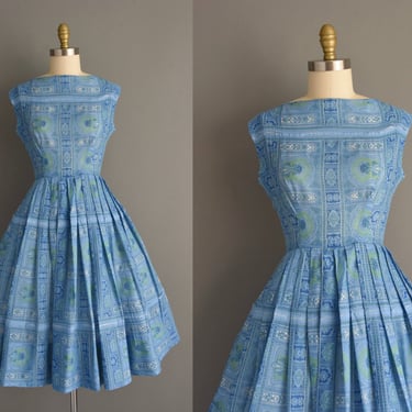 1950s vintage dress | Beautiful Blue Paisley Print Full Skirt Cotton Dress | Small | 50s dress 