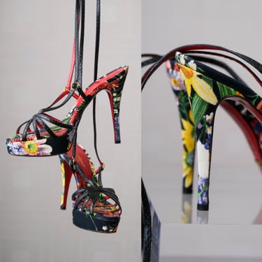 DOLCE & GABBANA Black Wildflower Platform Heels w/ Reptile Skin Multi Wrap Ankle Strap | Made in Italy | Size 38 | 2000s Y2K Designer Shoes 