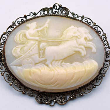 1800's Eos in chariot shell cameo brass filigree brooch, big Georgian Aurora w horses c clasp pin 