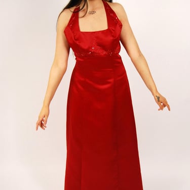 Y2K Halter Formal Dress (12) maxi prom red | Ghost Vintage - Portland, OR |  ATTIC