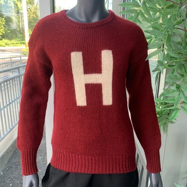 VARSITY ATHLETIC 100% Wool H Vintage 92' Heavy Knit Sweater - Burgundy - Size XS 