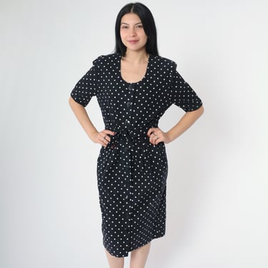 90s Black Polka Dot Midi Dress Vintage Button Up Dress Retro Preppy High Waisted Shift Short Sleeve Secretary Preppy 1990s Medium M 