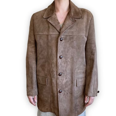 Vintage Mens 1970s Brown Suede Faux Fur Lining Chore Winter Retro Jacket Sz 40 