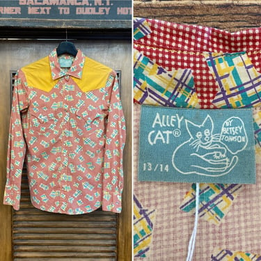 Vintage 1970’s Betsey Johnson “Alley Cat” Western Cowboy Atomic Print Cotton Shirt Top, 70’s Vintage Clothing 