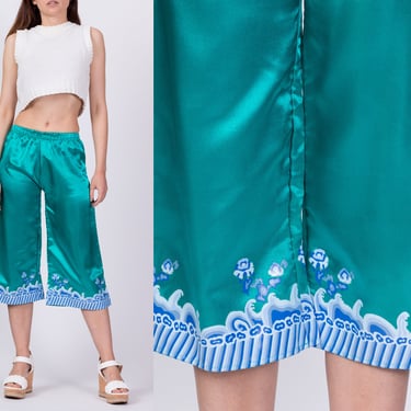 Vintage Teal Satin Wave Print Lounge Pants Youth Small | Vintage Asian Elastic Waist Boho Pants 