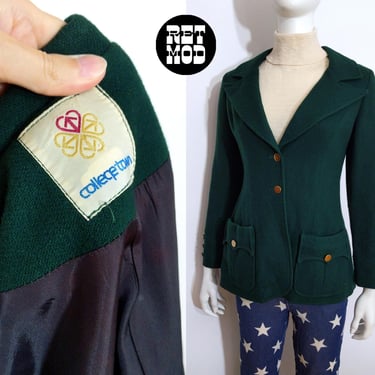 Mod Vintage 60s 70s Dark Green Wool Blazer by Collegetown 