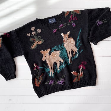 cute cottagecore sweater | 80s 90s vintage Woolrich deer fawn floral black streetwear aesthetic intarsia sweater 