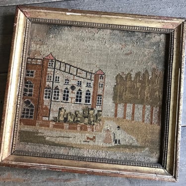 19th C French Woolwork, Gilded Frame, Needlepoint, Village Scene, Original Frame, Distressed 