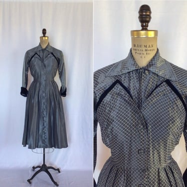 Vintage 50s dress | Vintage grey window pane print shirt waist dress | late 40s early 50s coat dress 