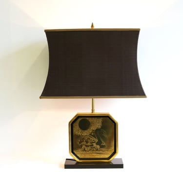 24 kt Gold plated& Brass etched Hollywood Regency Style Glam Table Lamp George Matthias from Maho,Belgian 1970s Swan and Birds. 