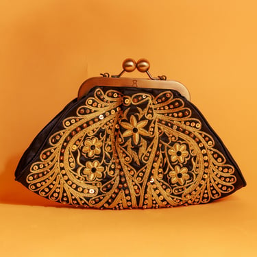 60s Black Golden Embroidered Sequin Purse Vintage Gold Coin Closure Bronze Hardware Chain Evening Purse 