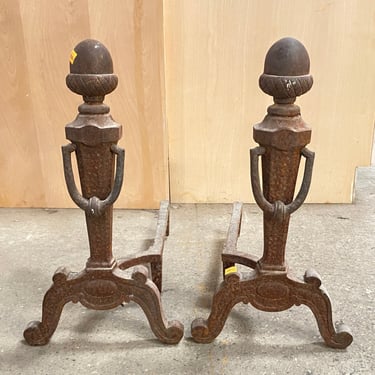 Pair of Jewel Brand Vintage Andirons with Acorn Finials