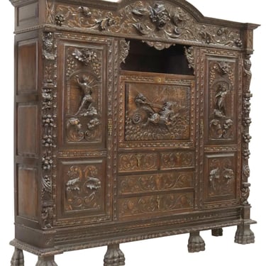 Bookcase, Secretary, Spanish Renaissance Revival, Heavily Carved, Early 20th C.!
