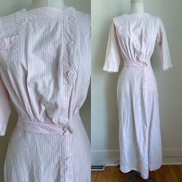 Antique Edwardian 1900s 1910s Pink Striped Nurse Uniform Dress / XS 