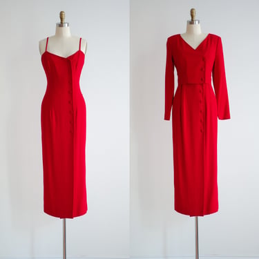 red midi dress 80s 90s vintage Liz Claiborne minimalist longline cocktail dress 