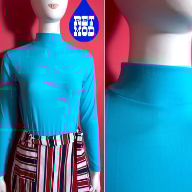 Stretchy Vintage 70s 80s Turquoise Blue Long Sleeve Mock Neck Top 