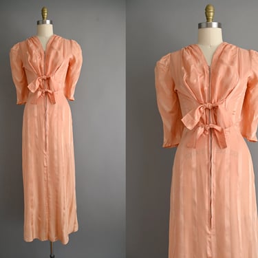 vintage 1940s Lingerie Dress | Peach Pink Lingerie Zip Up Puff Sleeve Dress | Medium 