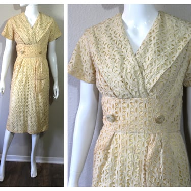 Vintage 40s 50s Dress Yellow Cut Out Eyelet with Side Sash Cotton Day Dress Wiggle  // US 0 2 4  xs small 